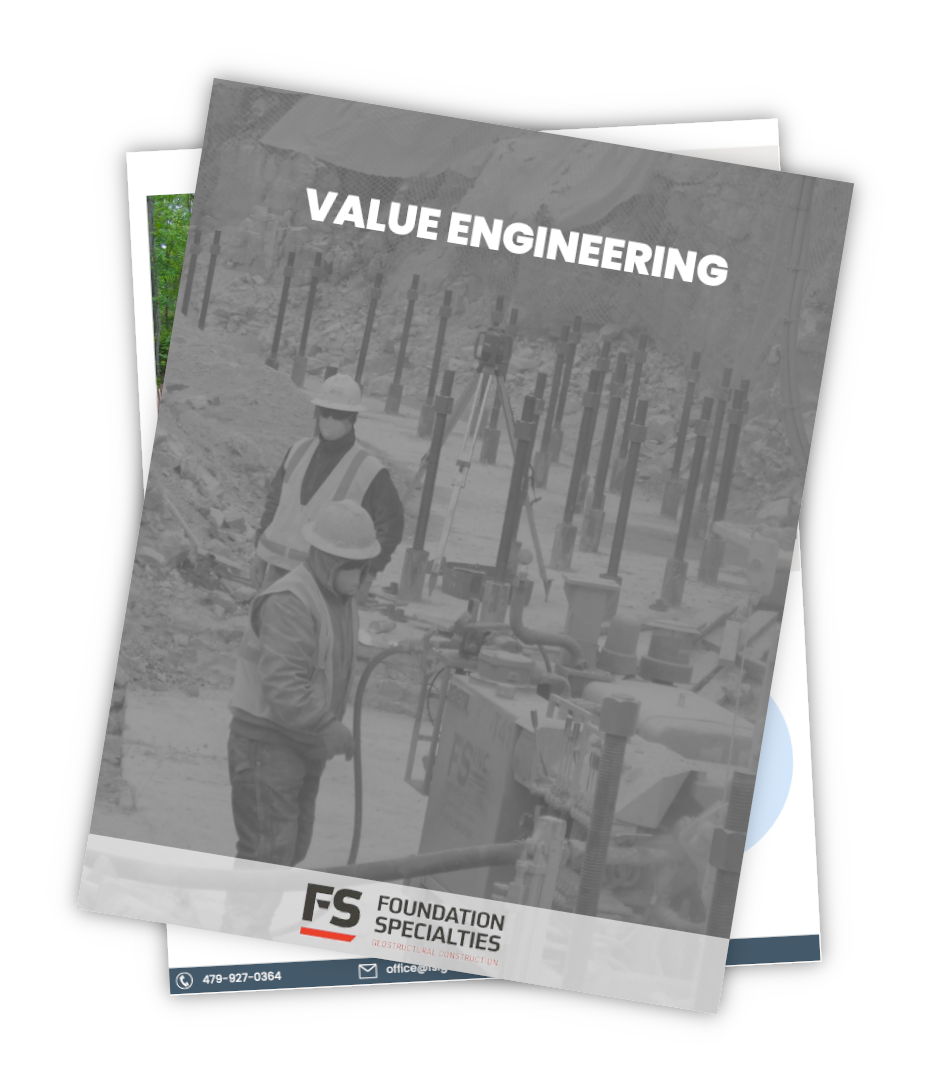 Cover of a brochure titled "Value Engineering" featuring construction workers in hard hats and vests at a work site. The Foundation Specialties logo is visible at the bottom. The background shows machinery and construction materials.