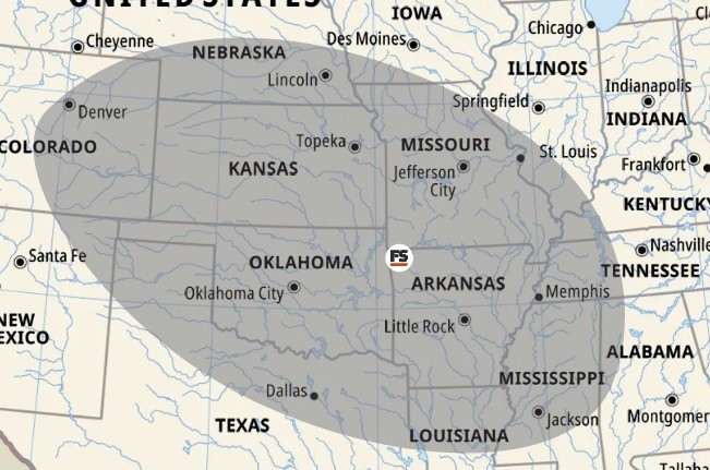 A map of the central United States showing a shaded oval area covering parts of Colorado, New Mexico, Texas, Oklahoma, Kansas, Nebraska, Missouri, Arkansas, Mississippi, Louisiana, Illinois, Indiana, Kentucky, Tennessee, and Alabama.